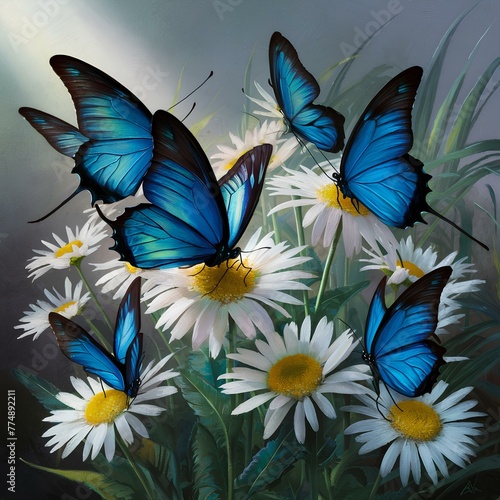 colorful blue tropical morpho butterflies on delicate daisy flowers painted with oil paint 