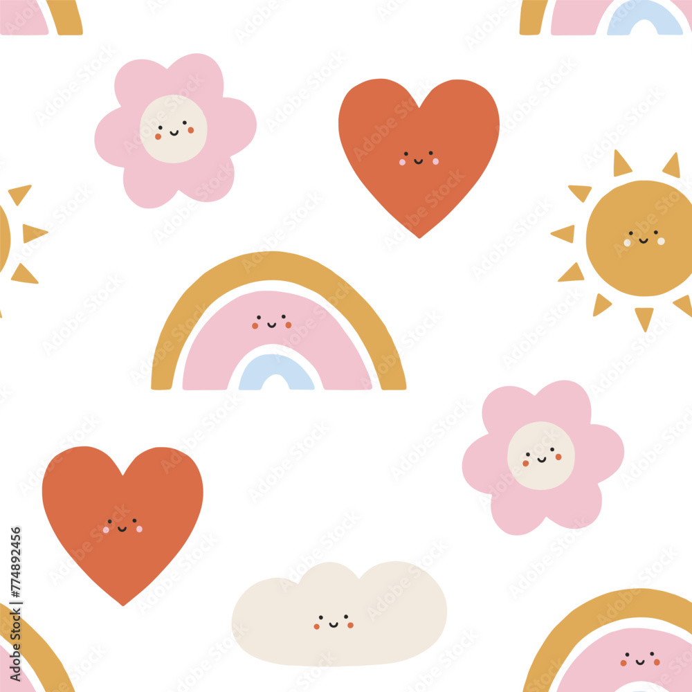 Vector seamless pattern with cute smiling sun, flower, rainbow, cloud and heart. Cute kids vector pattern for holiday design, Valentines day, fabric, nursery. Lovely baby background in flat style
