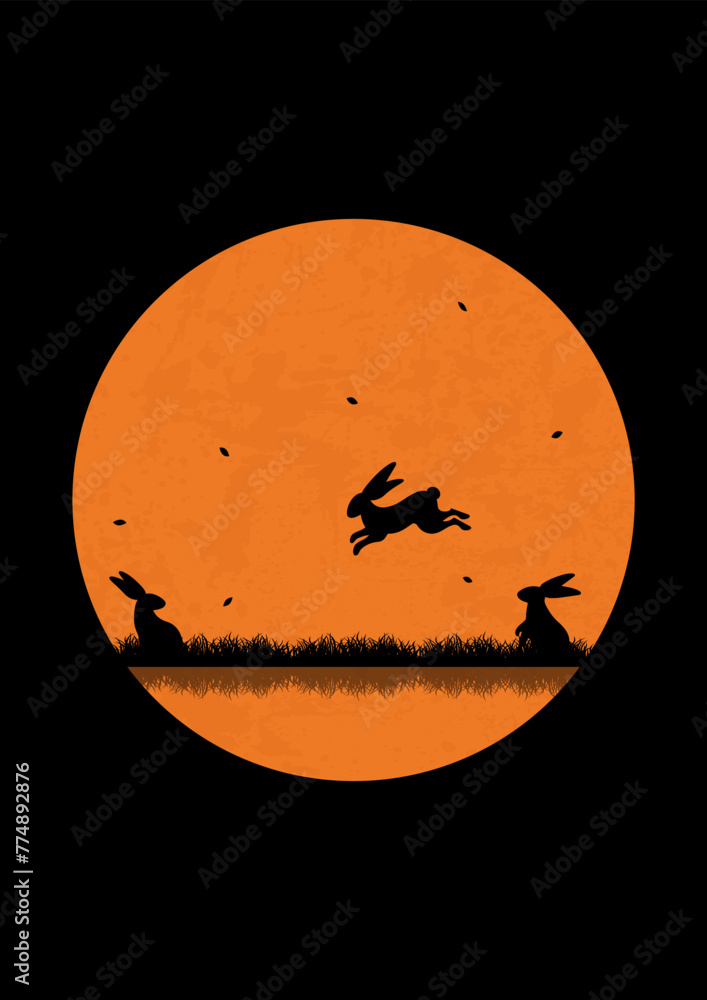 Silhouette of playing bunnies spring dusk meadow. Magical misty Easter spring landscape.