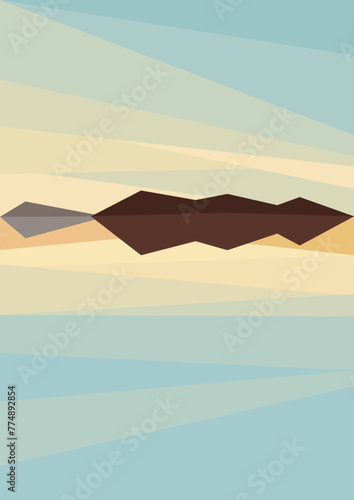 Scandinavian landscape with sea and mountains vector illustration. Norwegian fjord.
