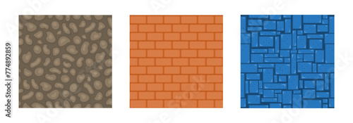Flat set ground game patterns set, stone textures collection. Design for stickers, logo, mobile app. Different materials of masonry surface, brick material, stone pattern. Vector illustration.