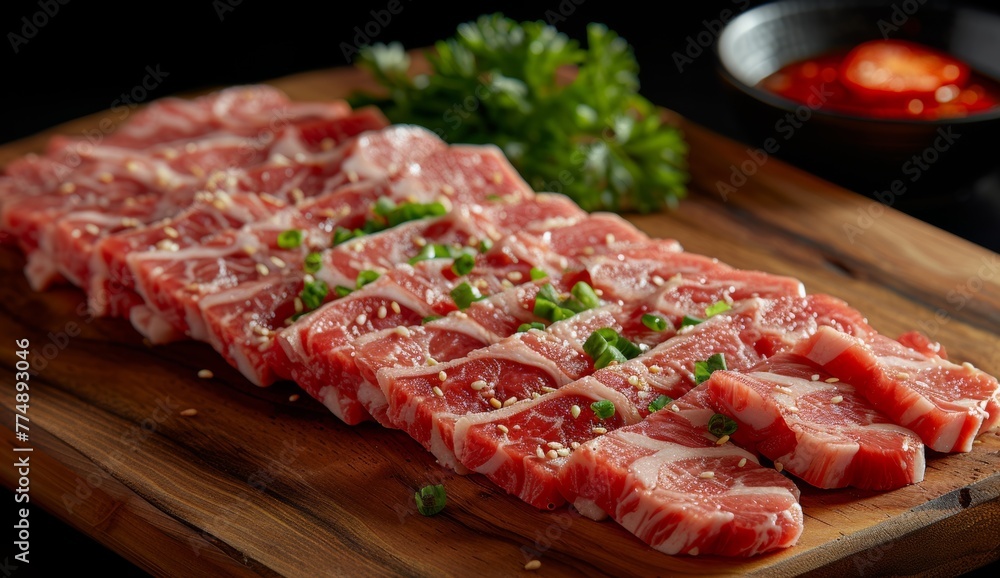 Sliced raw pork on a wooden board for cooking