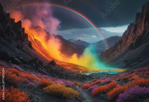 Masterpiece of a Surreal Landscape with Alien Flora and Fauna in a Molten Rainbow