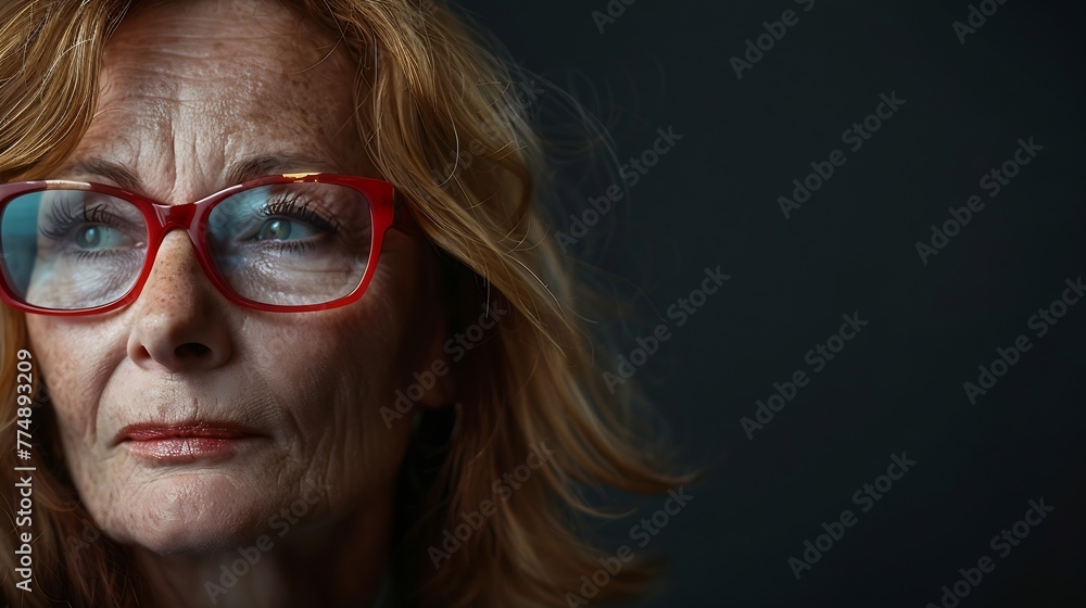 Generative AI : Middle age woman with red glasses close up portrait on dark background. Generative AI : Middle age woman with red glasses close up portrait on dark background.