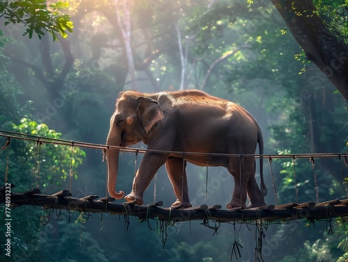 An elephant traverses gingerly across a precarious rope bridge over the backdrop of a lush jungle and space, Generative AI.