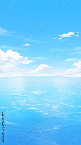 Cartoon lake scenery illustration under blue sky 