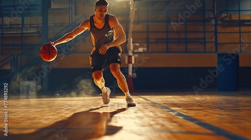 Generative AI : Basketball player in action with a ball isolated on white background. Dribbling © The Little Hut
