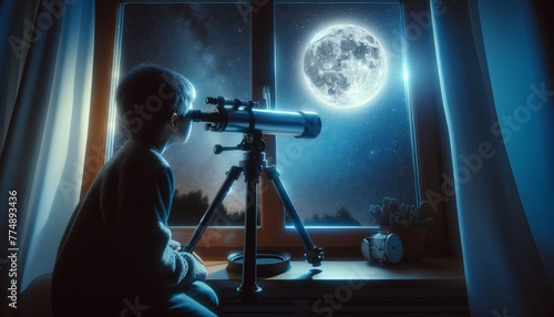 A child looking out the window through a telescope at the night sky with the moon. Cosmonautics Day. World of childhood, Children's Day, orphanage