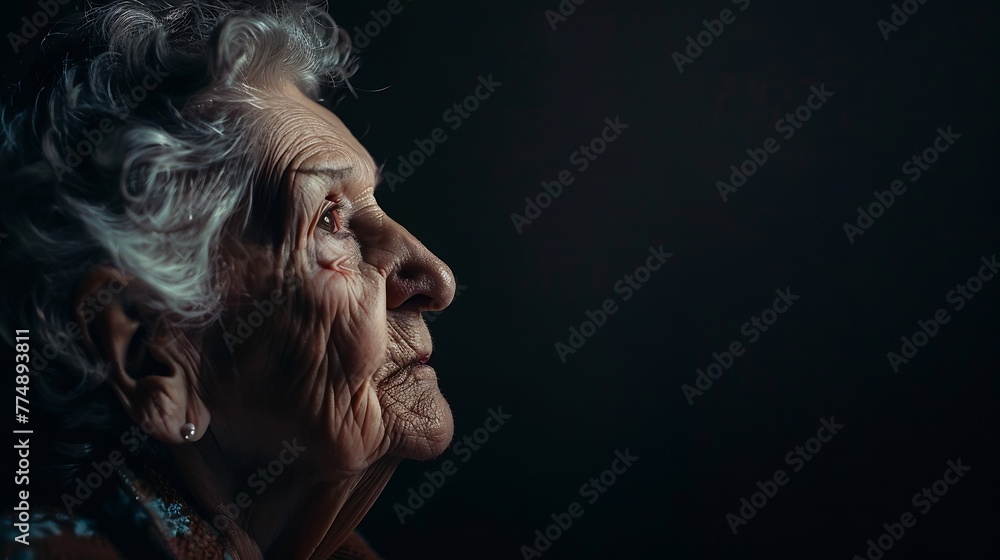 Generative AI : Portrait of elderly woman on dark background. Toned. Generative AI : Portrait of elderly woman on dark background. Toned.