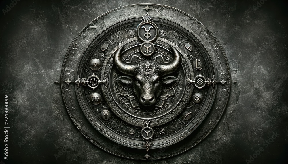 A detailed artistic depiction of a bull's head with mystical astrological symbols on a textured dark background.