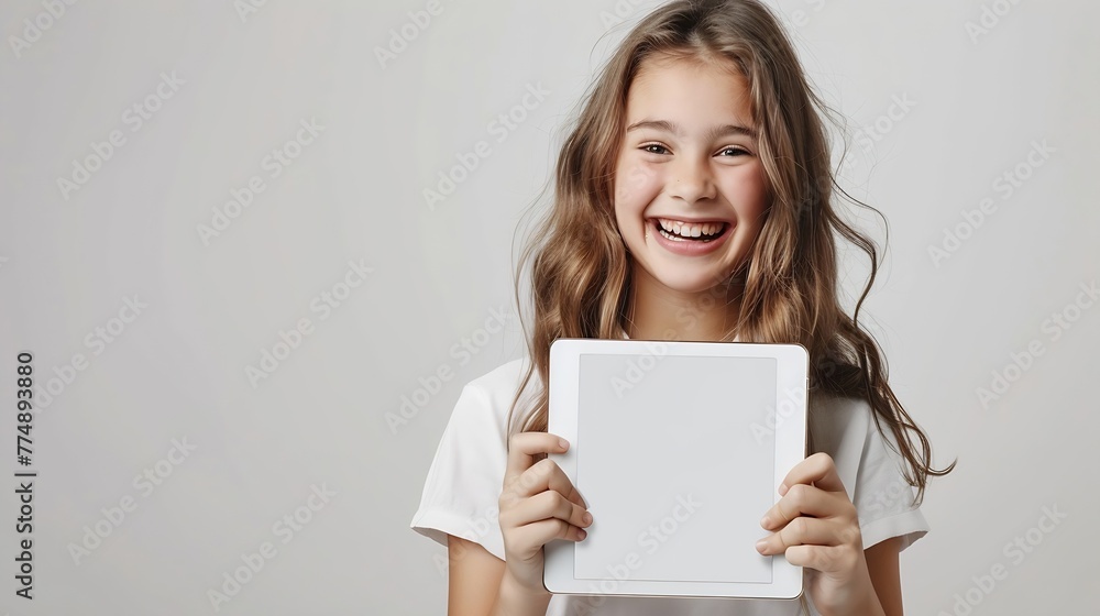 Generative AI : Portrait of cheerful charming girl hold tablet toothy smile empty space isolated on grey color background Generative AI : Portrait of cheerful charming girl hold tablet toothy smile empty space isolated on grey color background