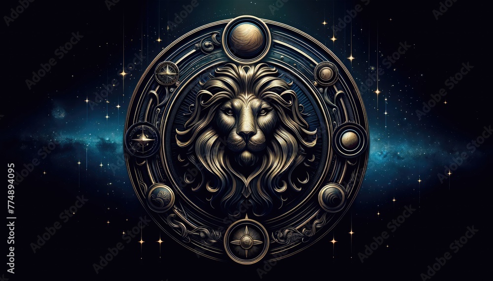 Imposing lion's head is featured within an ornate golden frame, set against an aged metal door with intricate designs. Imposing lion's head is featured within an ornate golden frame, set against an aged metal door with intricate designs.