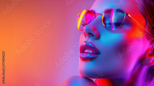Professional beauty portrait of a beautiful girl posing under vibrant neon lighting. Colorful makeup, female high fashion model on a colorful bright background, artistic design, UV design.