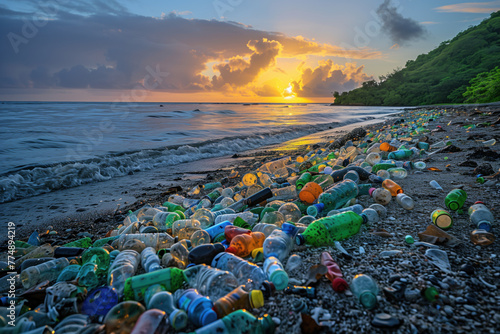 Sunset over a plastic-polluted beach
