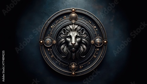 Imposing lion's head is featured within an ornate golden frame, set against an aged metal door with intricate designs.
