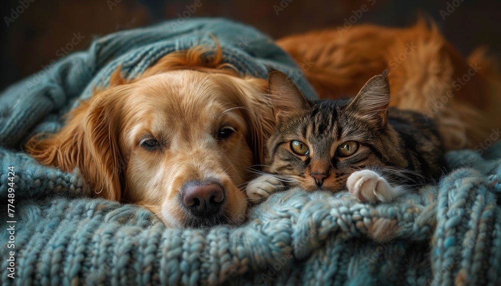a golden retriever dog and a black and white cat snuggling on a light blue fuzzy blanket a golden retriever dog and a black and white cat snuggling on a light blue fuzzy blanket