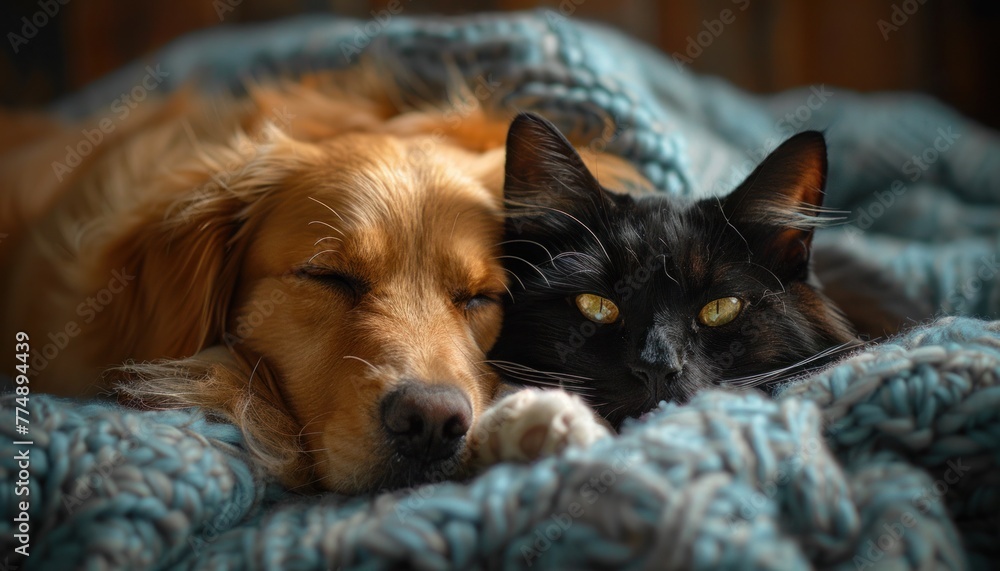 a golden retriever dog and a black and white cat snuggling on a light blue fuzzy blanket