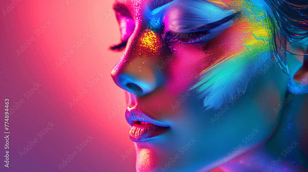 Professional beauty portrait of a beautiful girl posing under vibrant neon lighting. Colorful makeup, female high fashion model on a colorful bright background, artistic design, UV design.