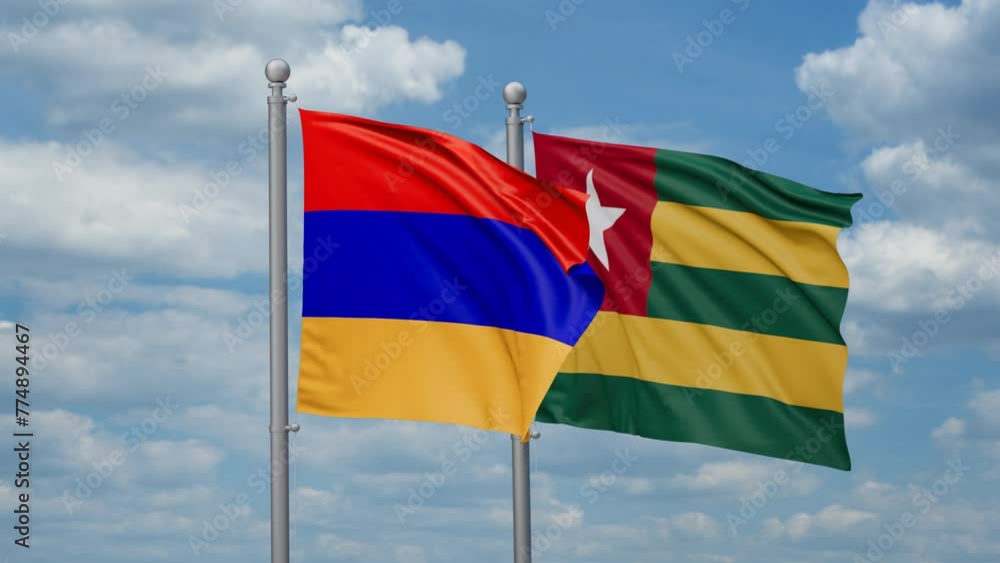 Togo, Togolese Republic and Armenia two flags waving together, looped video, two country cooperation concept Togo, Togolese Republic and Armenia two flags waving together, looped video, two country cooperation concept
