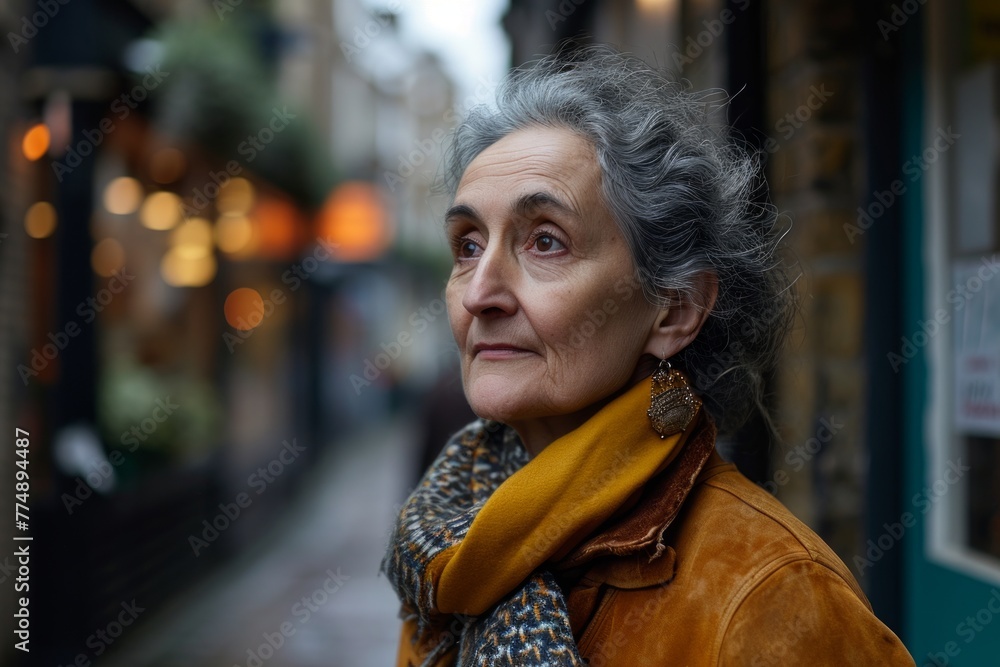 Portrait of an elderly woman with gray hair in the city.