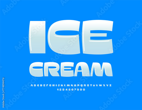 Vector cute sign Ice Cream. Glossy White Font. Playful style set of Alphabet Letters and Numbers.
