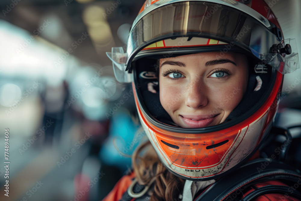 Woman in race driver suit at track Woman in race driver suit at track