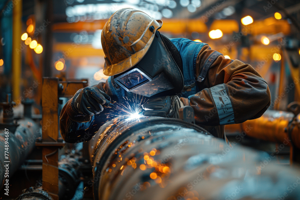 Factory worker engaged in the process of welding