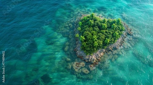 A heart-shaped tropical island paradise in the open ocean