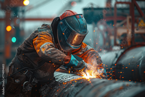 Factory employee engaged in welding tasks