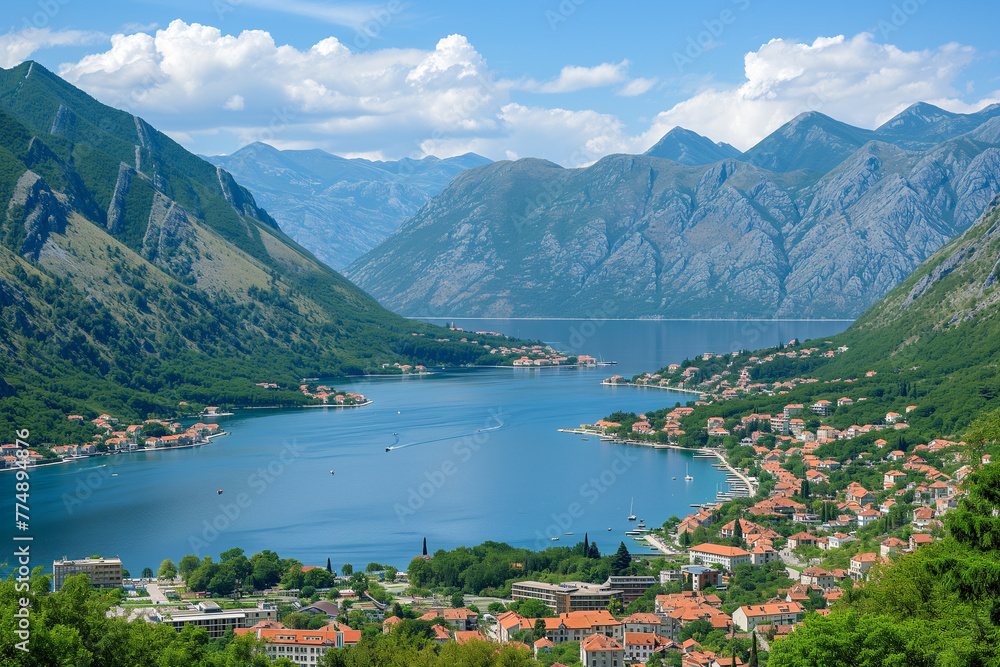 Fototapeta premium A beautiful mountain lake with a town on the shore