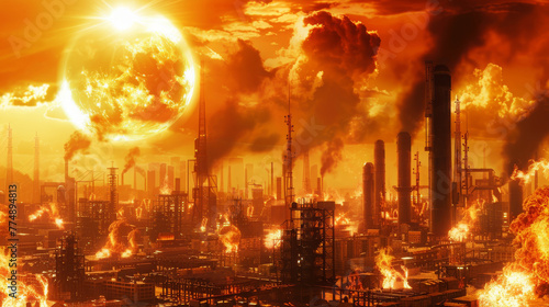 A blazing sun looms over a city  streets melt under a heatwave  futuristic cooling towers struggle