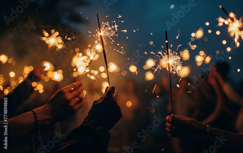 A group of people are holding lit candles and fireworks