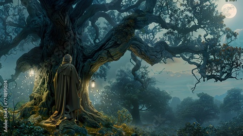 Ancient philosopher, draped in robes, pondering the universe beneath a majestic oak tree, set in a mystical forest, bathed in soft moonlight, captured in a realistic style, with Rembrandt lighting