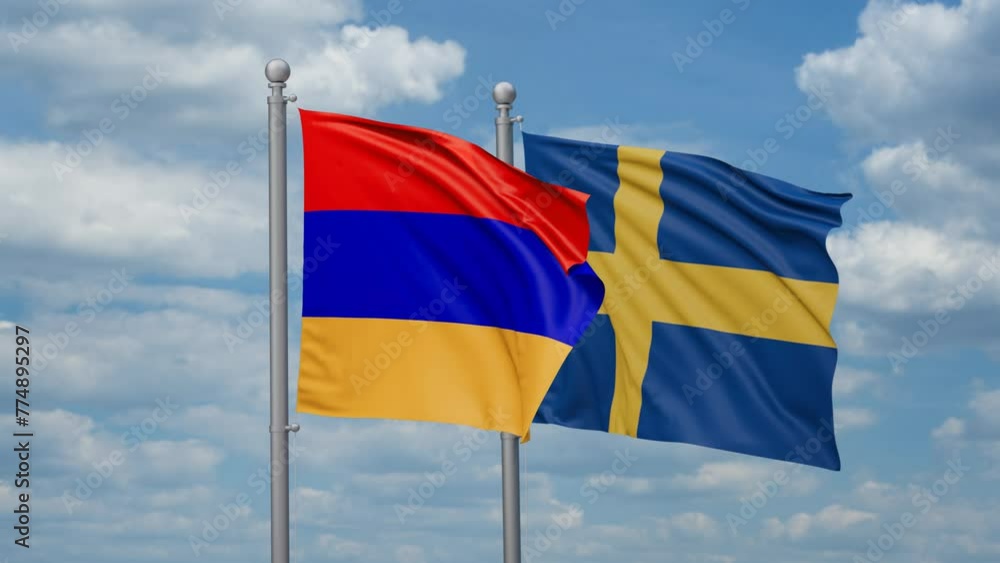 Sweden and Armenia two flags waving together, looped video, two country cooperation concept Sweden and Armenia two flags waving together, looped video, two country cooperation concept