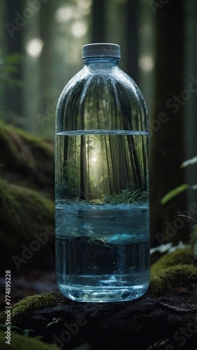 A closed bottle of crystal clear water in the heart of a pristine forest.