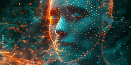 Artificial intelligence technology or biometric data concept. Woman face shown in computer generated image with lot of dots. photo