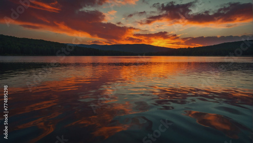 The fiery colors of a sunset reflecting off a calm lake.