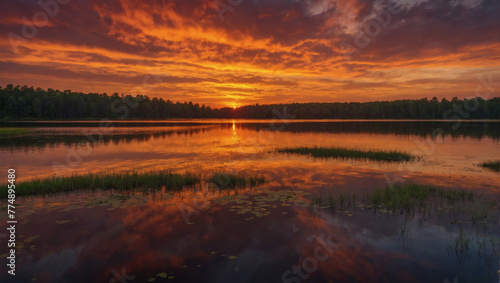The fiery colors of a sunset reflecting off a calm lake.