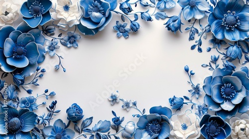 Frame decorated with blue flowers and leaves, isolate on white background