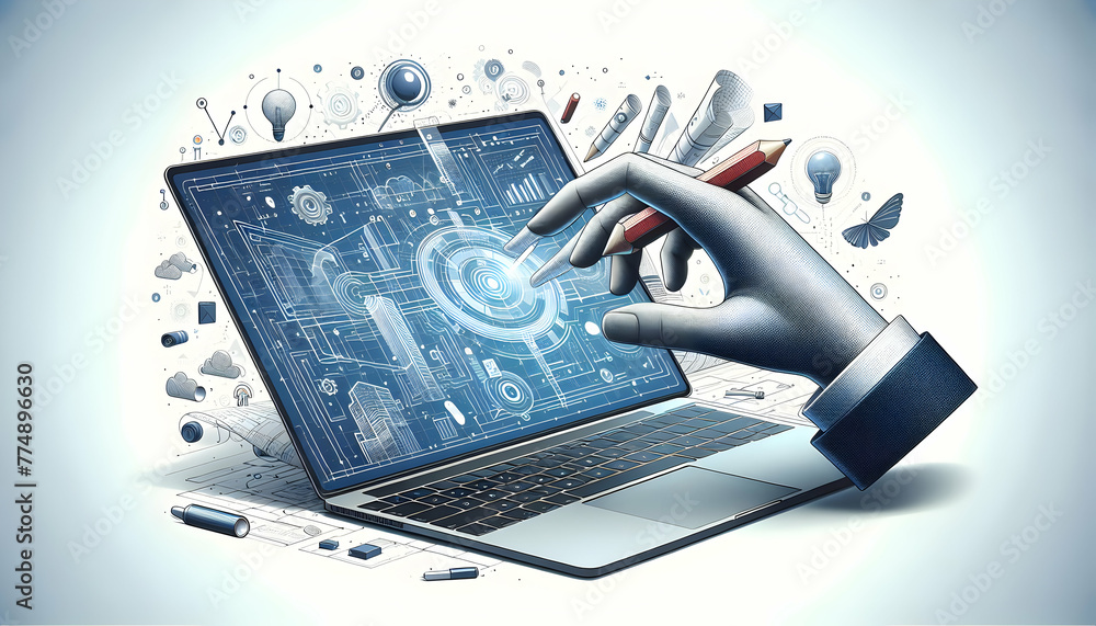 3d flat icon as Interactive Blueprint Hand interacting with a laptop ...