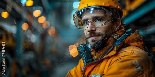 A worker in a steel mill wearing safety gear operates machinery in a busy industrial setting. Concept Steel mill worker, Safety gear, Machinery operation, Industrial setting, Busy day