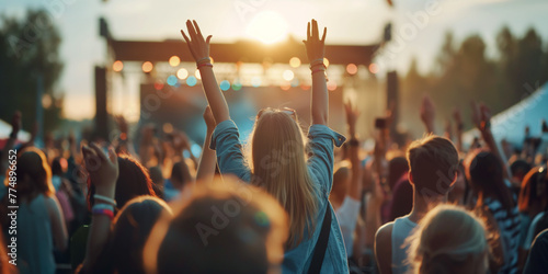 Crowd of people are at open air concert. People holding their hands up. Atmosphere is energetic and lively, with everyone enjoying music and performance.