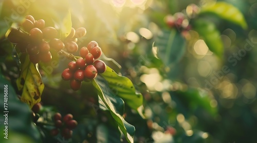 Generative AI : Close up, Arabica coffee berry ripening on tree, coffee beans in North of thailand, Blur background.