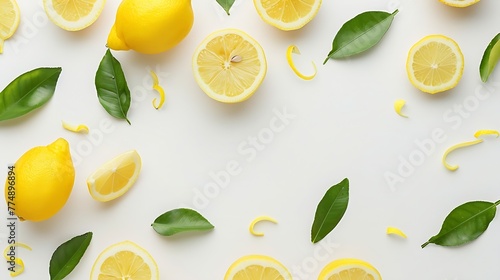 Generative AI : Whole and half sliced lemon with green leaves isolated on white background. Top view. Flat lay. photo
