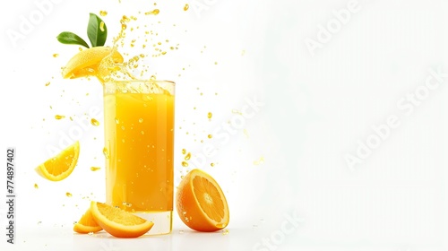 Generative AI : Glass of 100% Orange juice with sacs and sliced fruits isolate on white background. photo