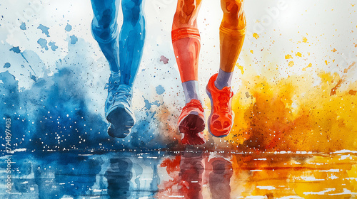 Watercolour illustration of two pairs of legs with sportive shoes. Sport activity concept. Selective focus. Copy space photo