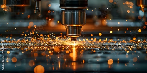 Sparks fly as a CNC milling machine shapes a metal plate in a factory setting. Concept Manufacturing, Industrial Automation, Metalwork, CNC Machining, Factory Operations