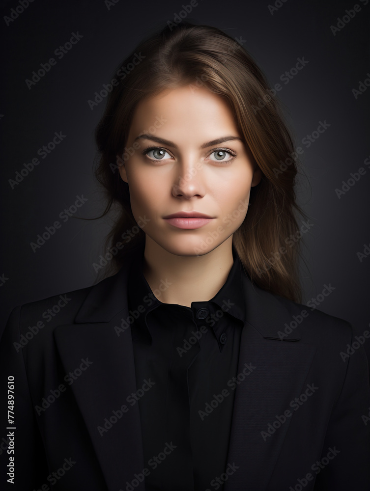 The elegance of black. A stylish woman exudes confidence in a sleek black suit, striking a pose for the camera with poise and sophistication The elegance of black. A stylish woman exudes confidence in a sleek black suit, striking a pose for the camera with poise and sophistication