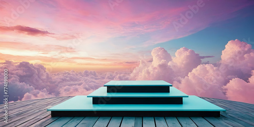 Blue three-level platform on a wooden surface with a beautiful cloudy sky as a background.