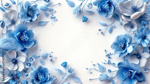 Frame decorated with blue flowers and leaves, isolate on white background